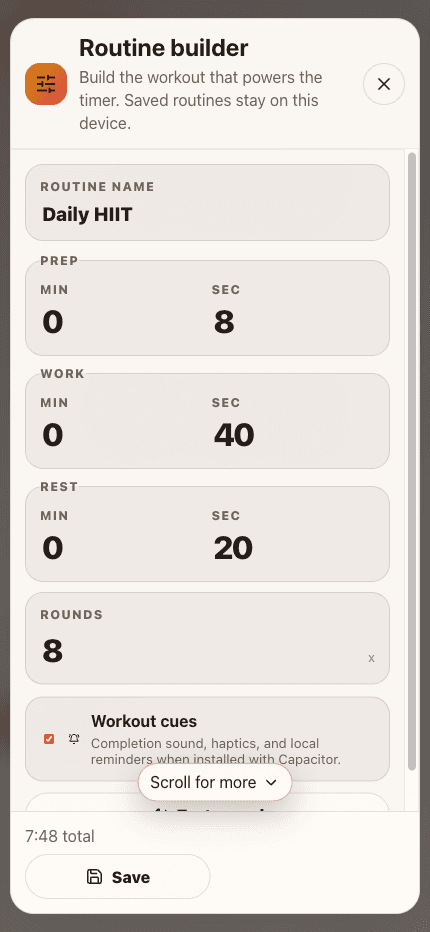 Tempo routine builder showing prepare, work, rest, rounds, and workout cue settings.