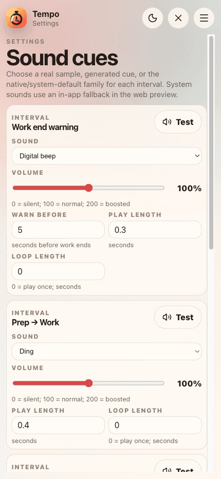 Tempo sound cue settings showing interval sounds, volume, warning timing, and loop length.