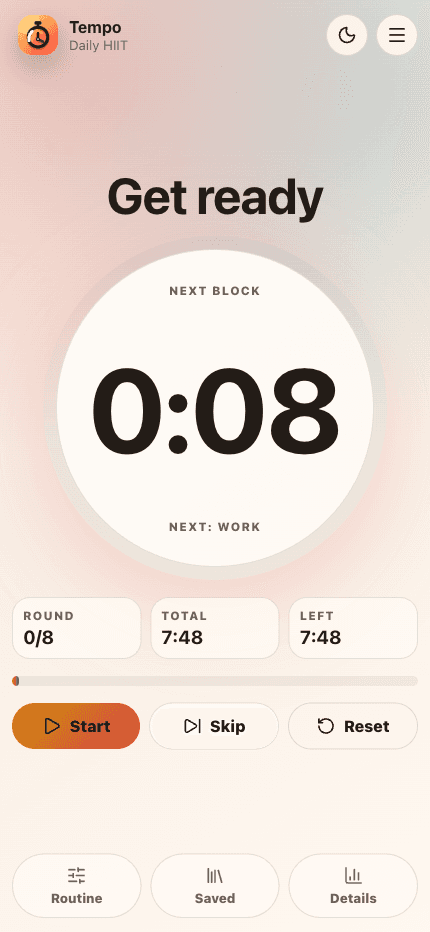 Tempo timer screen showing the Daily HIIT routine countdown.