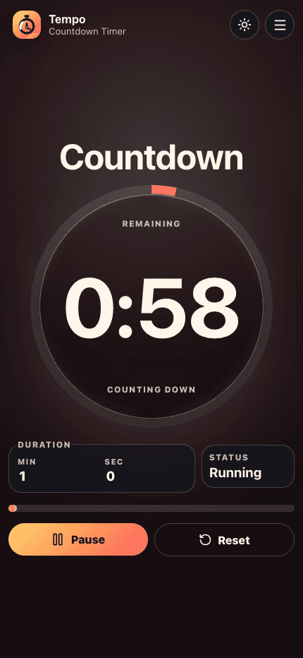 Tempo countdown timer running with duration and remaining time controls.