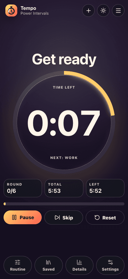 Tempo interval timer running the Power Intervals routine.