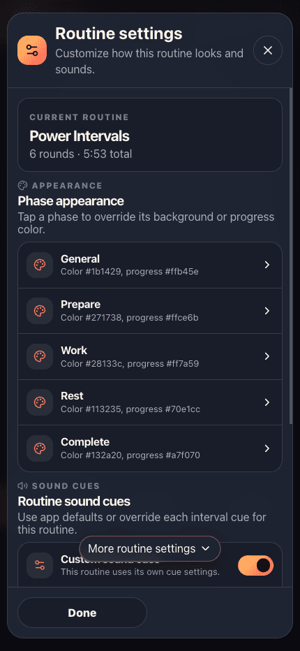 Tempo routine settings showing phase appearance and custom sound cue controls.