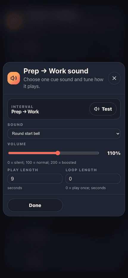 Tempo sound cue editor showing sound choice, volume, play length, and loop length.