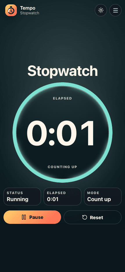 Tempo stopwatch counting up with elapsed time and running status.