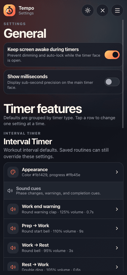 Tempo system settings showing timer feature defaults and sound cue rows.